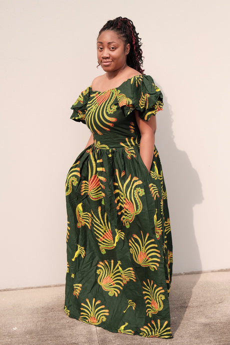 Nipele off shoulder green maxi dress