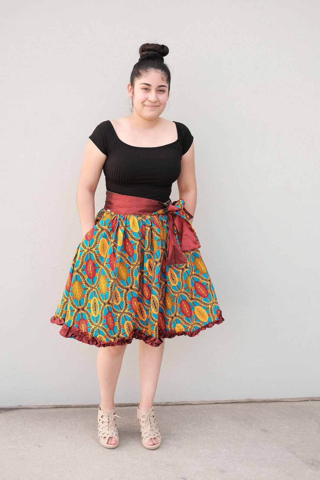Lewa wine and multi print skirt