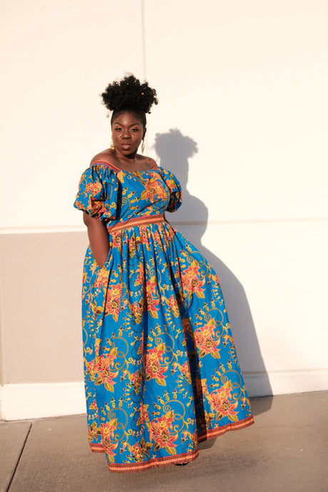 Midel off shoulder blue floral maxi dress