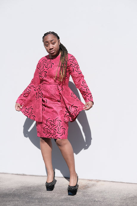 Rente pink and black long sleeve double flare dress