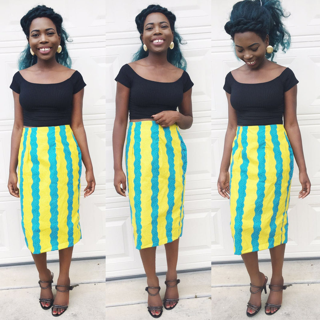 Yellow and blue pencil skirt