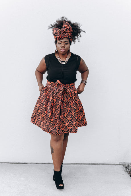 Elewe orange and black skirt with headwrap