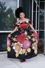 Bimi black bold floral off shoulder maxi dress