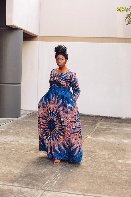 Lewa long sleeve blue bold maxi dress